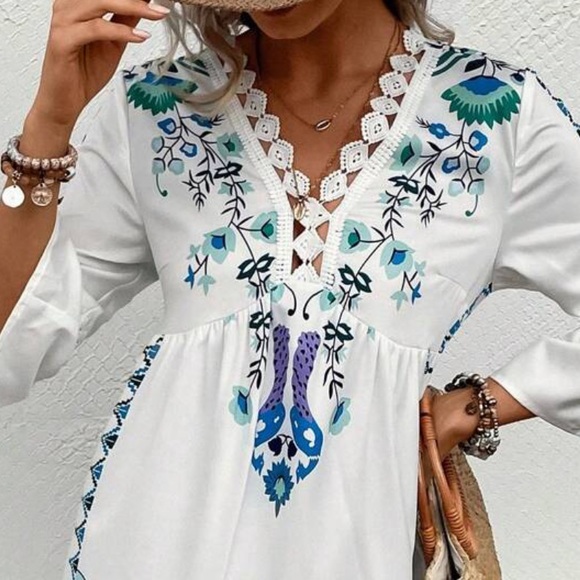 Boho Floral Peacock Print Guipure Crochet Lace Flounce Sleeve Dress White - Picture 4 of 6